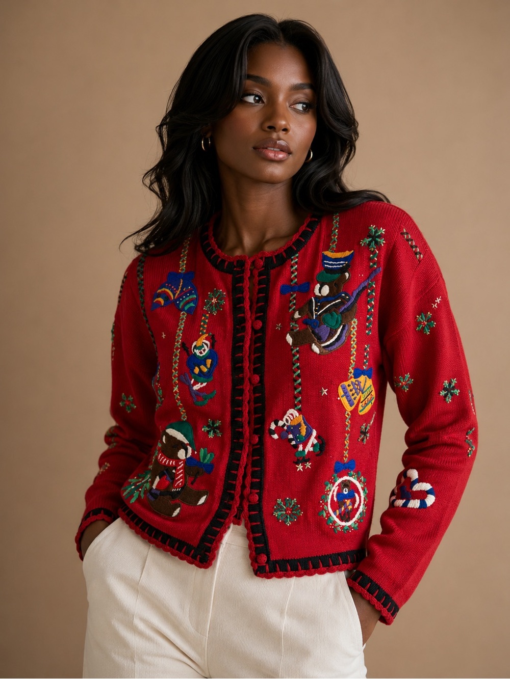 Designers Originals Studio Vintage Christmas Teddy Bear Cardigan Size Small